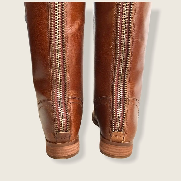 $399 Frye Jolie Back Zip Cognac Knee High Zip Up Round Toe Real Leather Boots - Picture 11 of 16